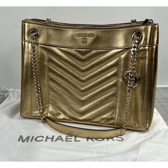 Michael Michael Kors Susan Metallic Medium Shoulder Bag Pale Gold New Chain - Picture 1 of 13